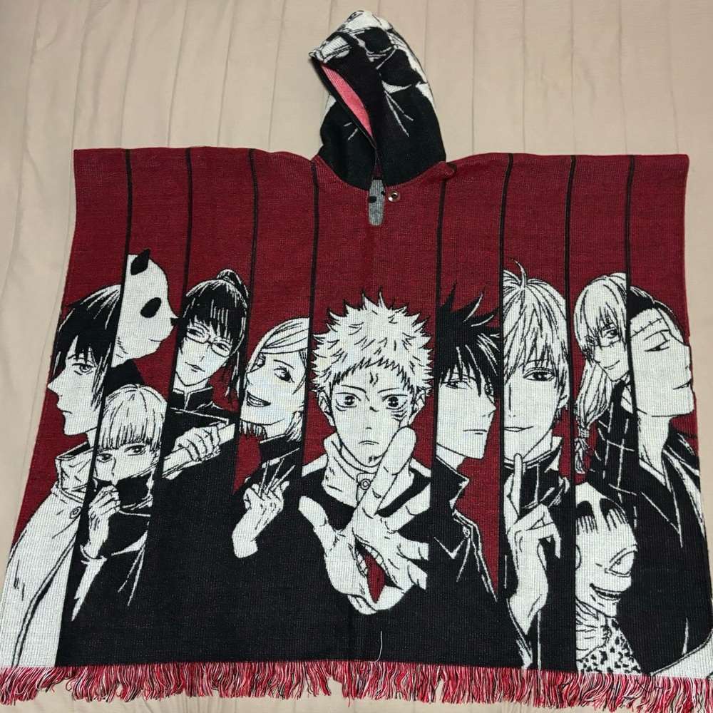 Anime Graphic Hooded Poncho - Red and Black